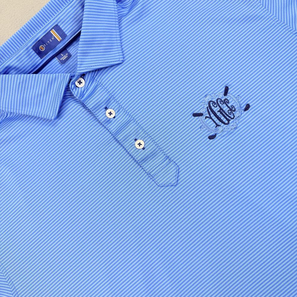 Stitch Polo Shirt Mens Large Blue Stripe Golf Stretch Performance Crest Logo